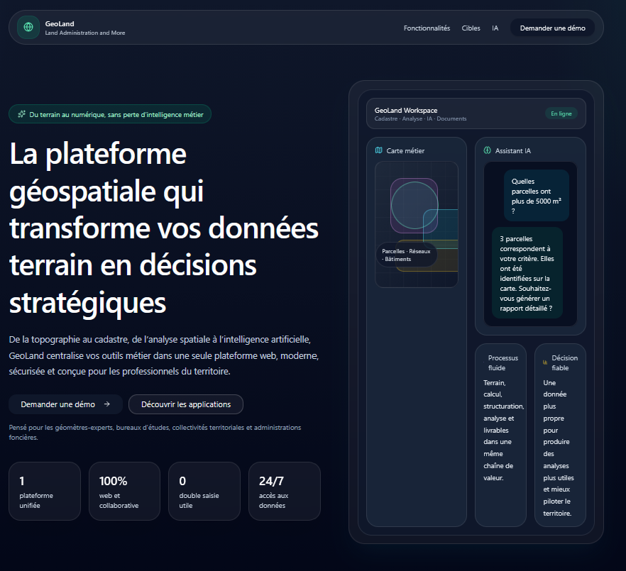 Illustration GeoLand — environnement géospatial unifié